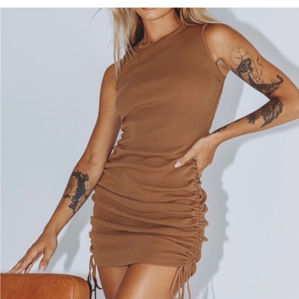 Lioness Military Minds Camel Ribbed Tie Ruched Bodycon Mini Dress Sleeveless-XS